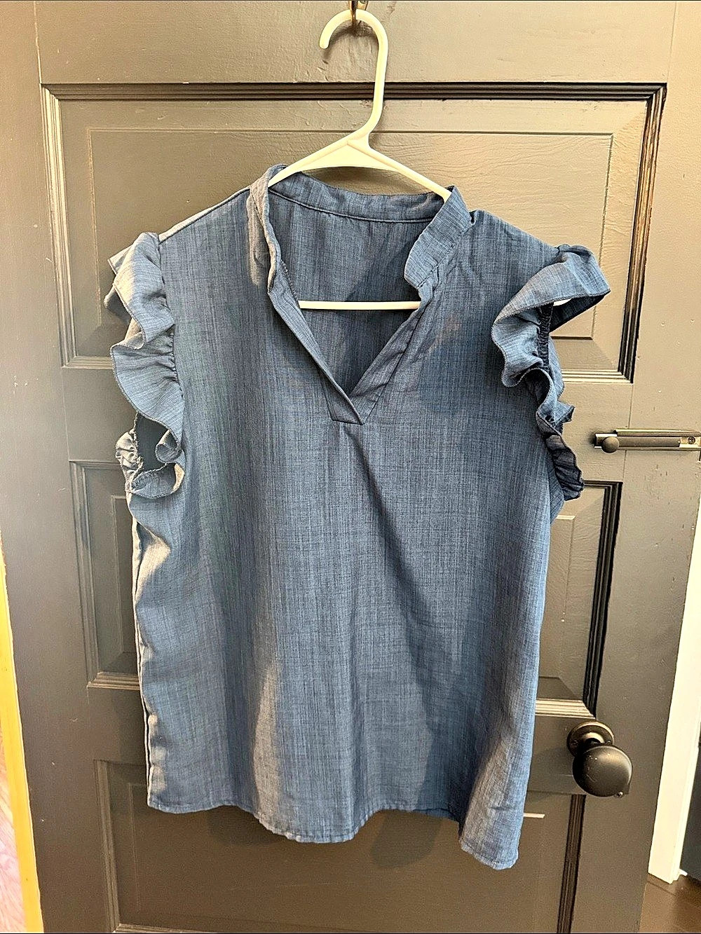 Blue Ruffle Sleeve V-Neck Blouse